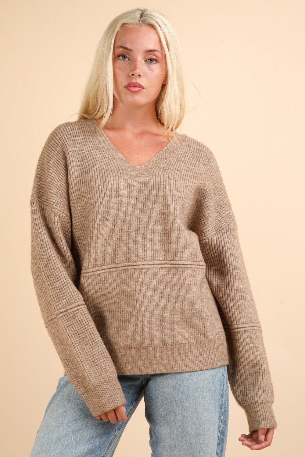 Mocha Seam Detail Drop Shoulder Hooded Sweater