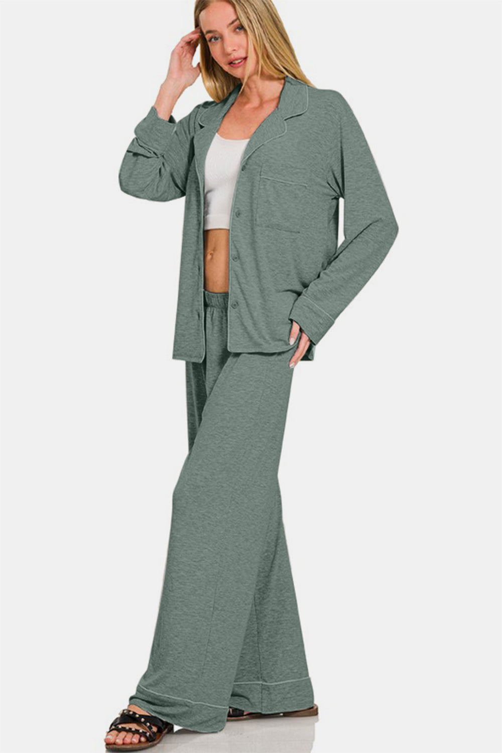 Sage Button Down Long Sleeve Top and Pants Lounge Set