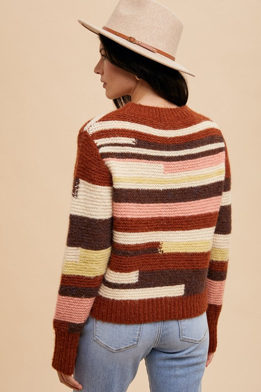 Multicolor Block Round Neck Long Sleeve Sweater