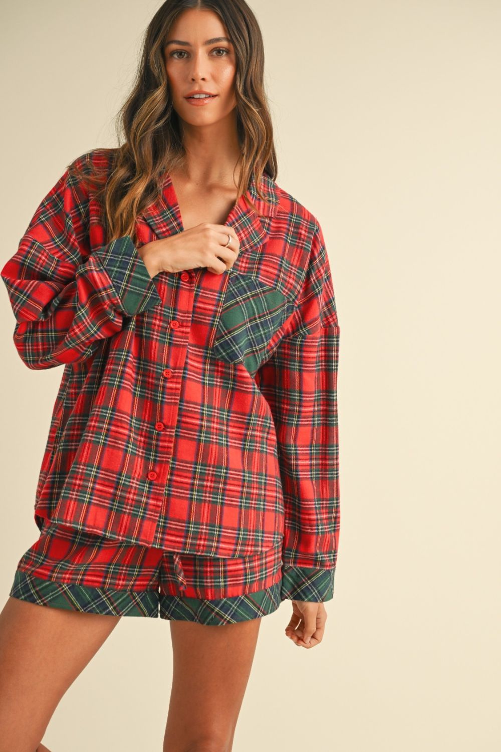 Plaid Long Sleeve Top and Shorts Set