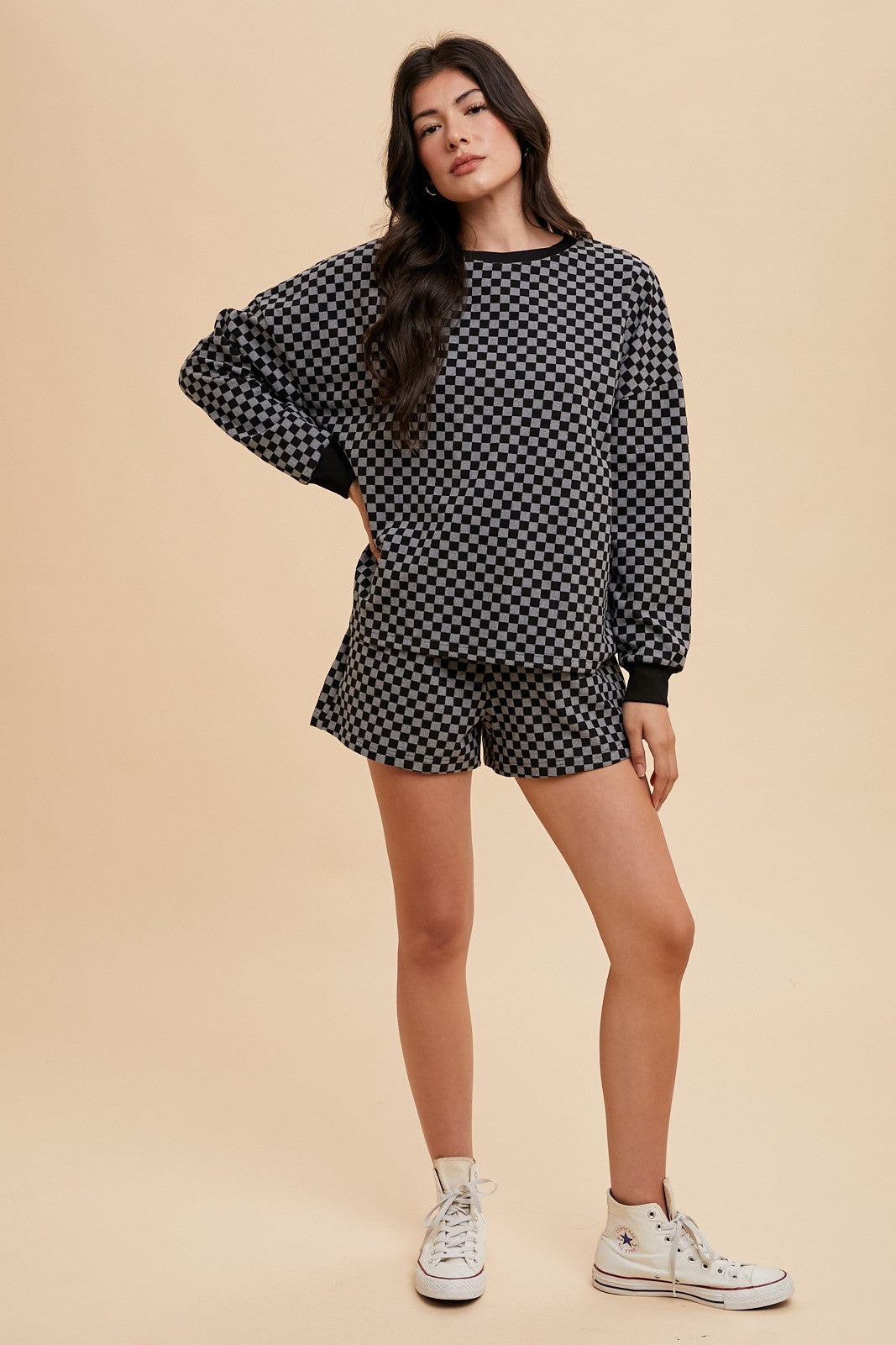 Black Checkered Top and Drawstring Shorts Set