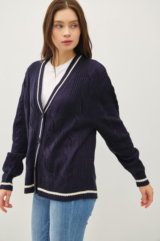 Navy Contrast Trim Cable-Knit V-Neck Cardigan