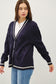 Navy Contrast Trim Cable-Knit V-Neck Cardigan