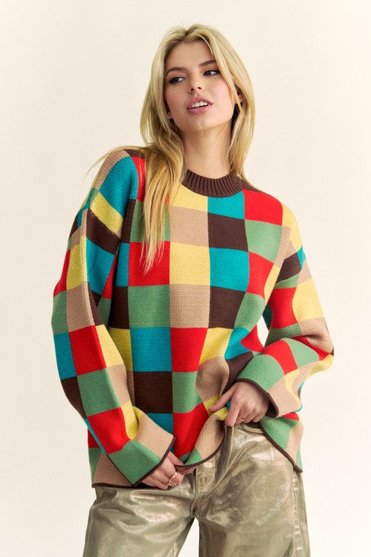 Color Block Checkered Dropped Shoulder Sweater