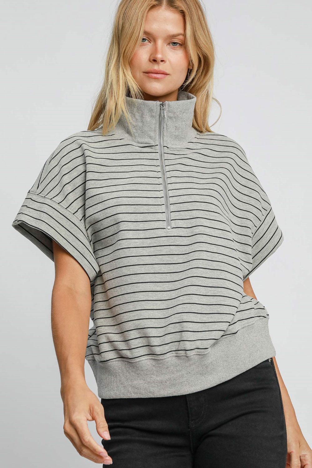 Striped Half Zip Short Sleeve Sweatshirt