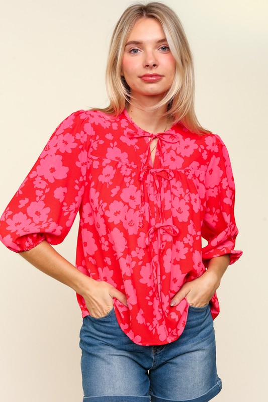 Ribbon Bow Floral Balloon Sleeve Blouse