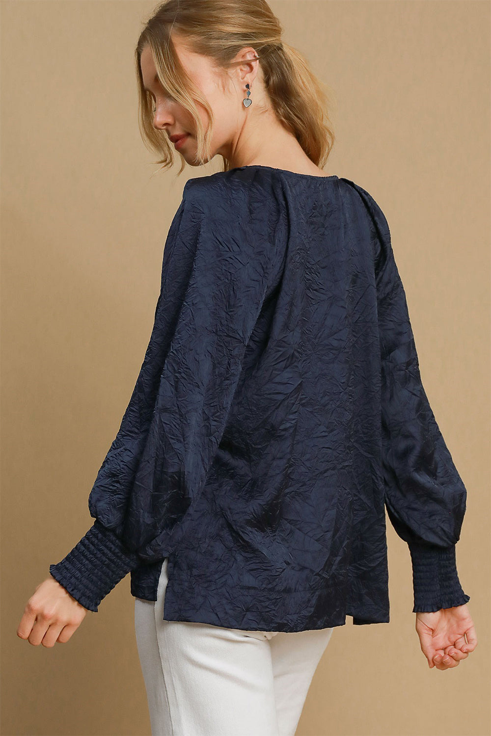 Navy Wrinkled Lantern Sleeve Blouse