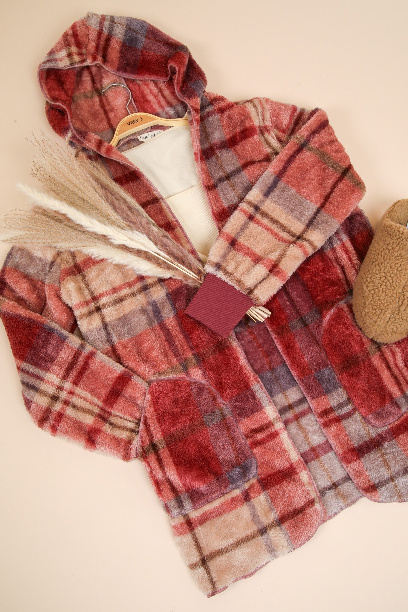 Fuzzy Plaid Hooded Jacket