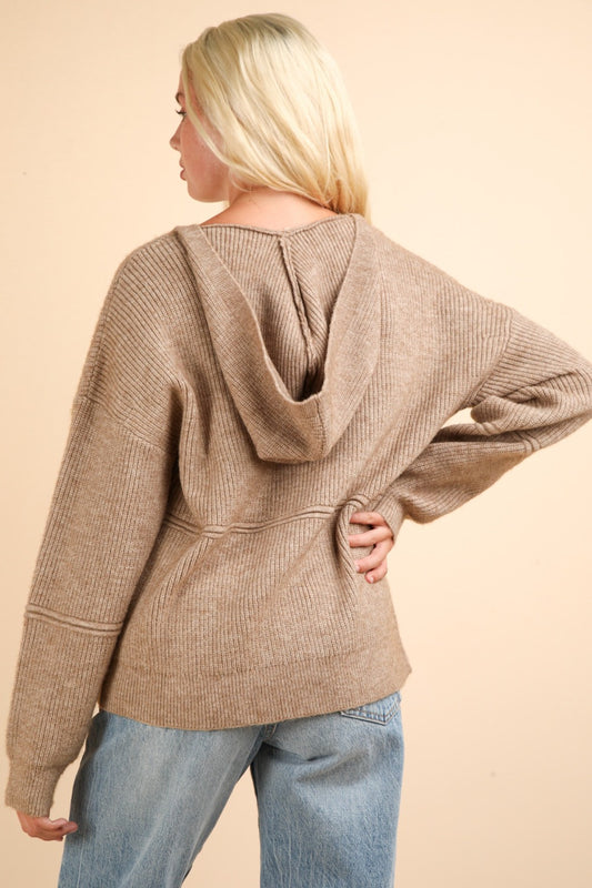 Mocha Seam Detail Drop Shoulder Hooded Sweater