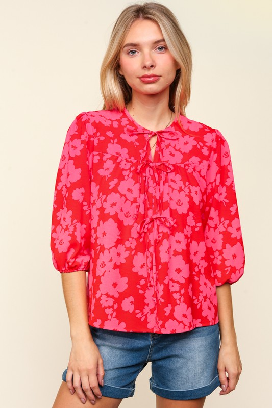 Ribbon Bow Floral Balloon Sleeve Blouse