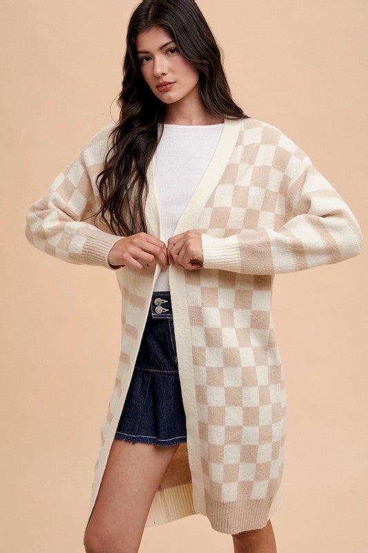 Checkered & Striped Long Sleeve Cardigan