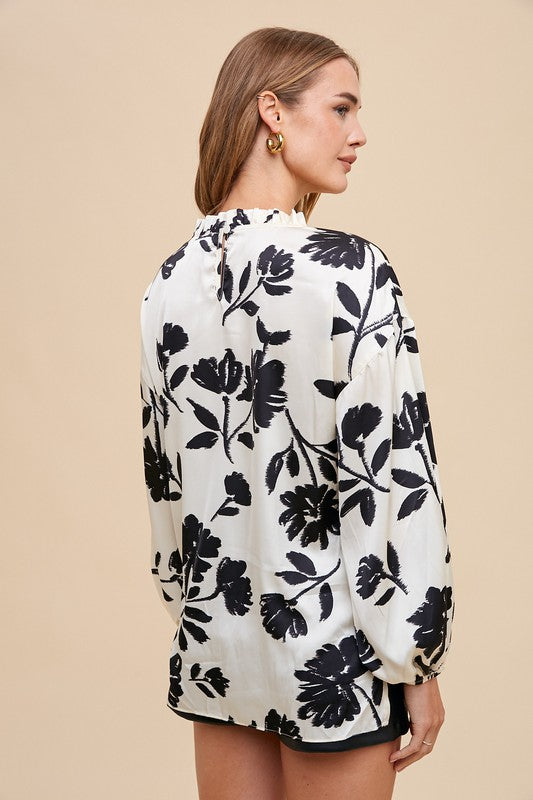 Frill Printed Balloon Sleeve Blouse