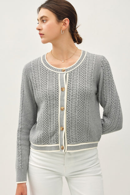 Gray Cable Knit Long Sleeve Contrast Edge Cardigan