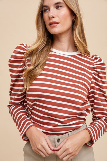 Rust Striped Round Neck Puff Sleeve French Terry Top