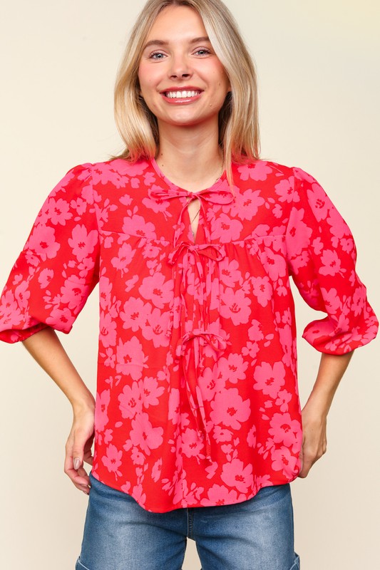 Ribbon Bow Floral Balloon Sleeve Blouse