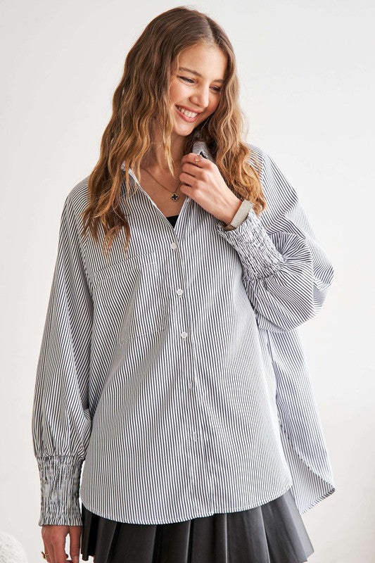 High-Low Striped Button Down Smocked Lantern Sleeve Shirt