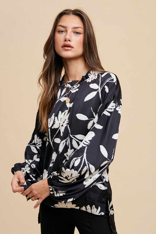 Frill Printed Balloon Sleeve Blouse