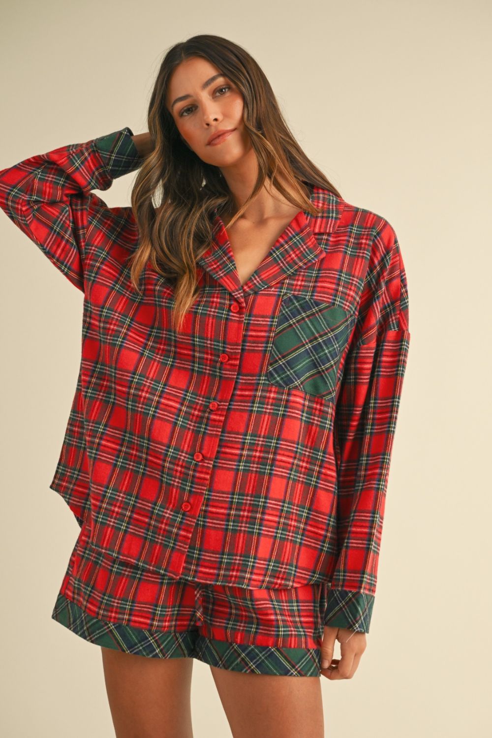 Plaid Long Sleeve Top and Shorts Set