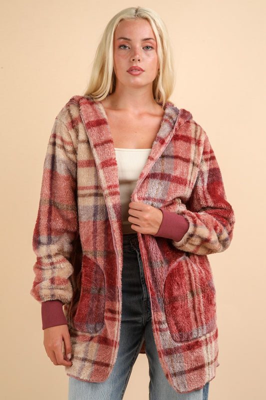 Fuzzy Plaid Hooded Jacket