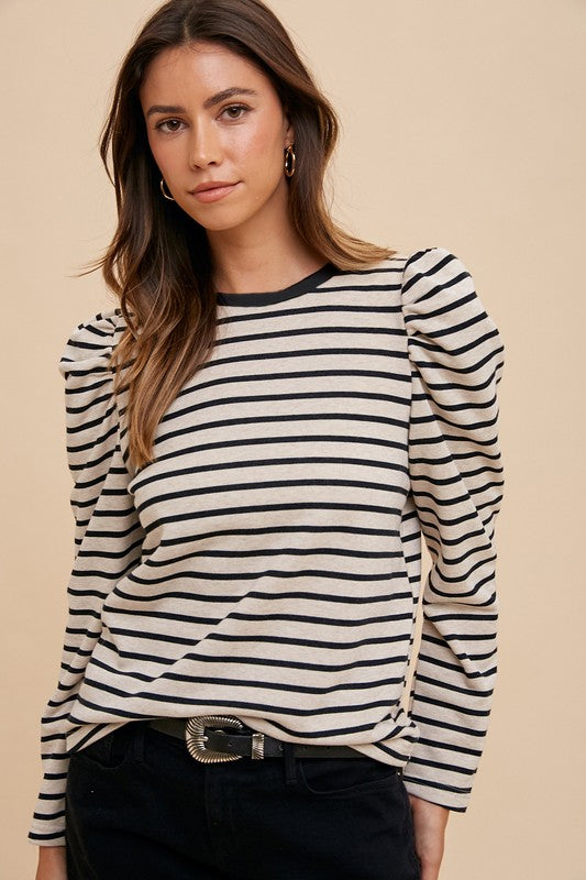 Striped Round Neck Puff Sleeve French Terry Top