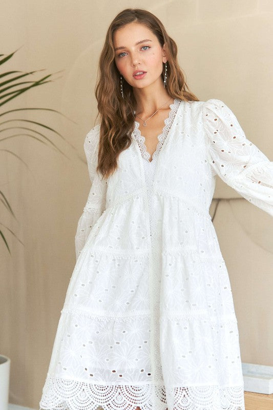 Lace Detail Tiered Eyelet Babydoll Dress