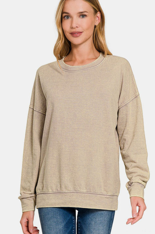 Washed Round Neck Dropped Shoulder Sweatshirt