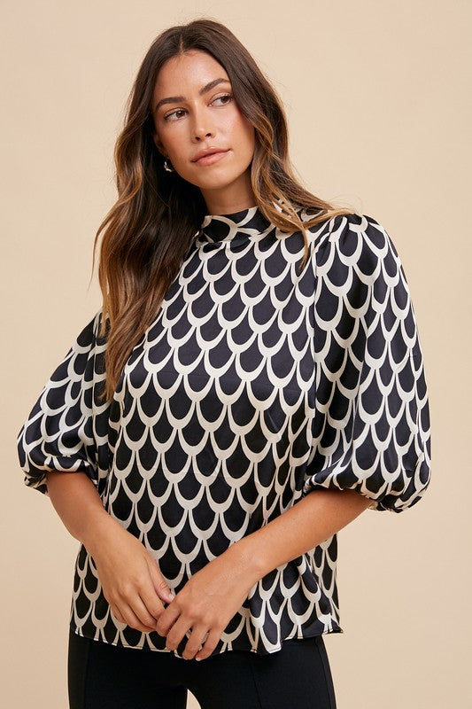 Tie Back Abstract Print Mock Neck Half Sleeve Blouse