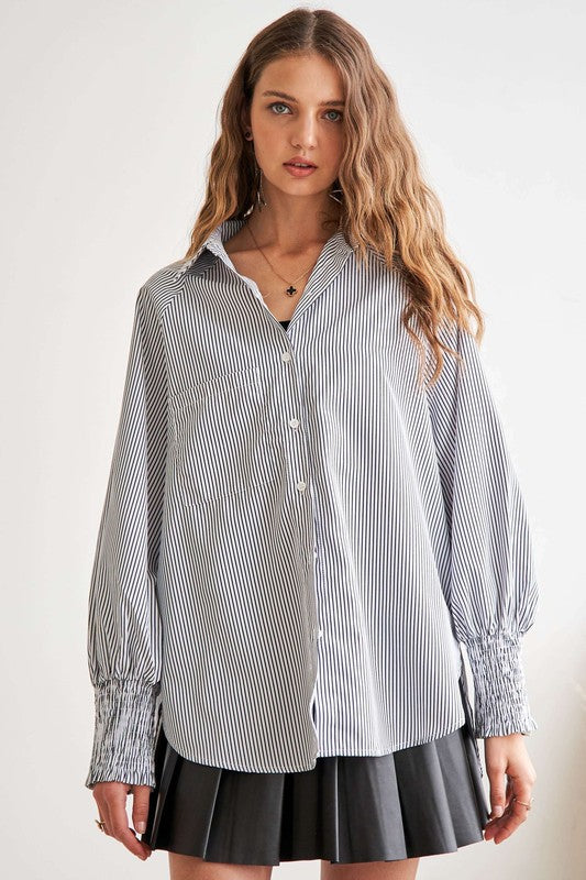 High-Low Striped Button Down Smocked Lantern Sleeve Shirt