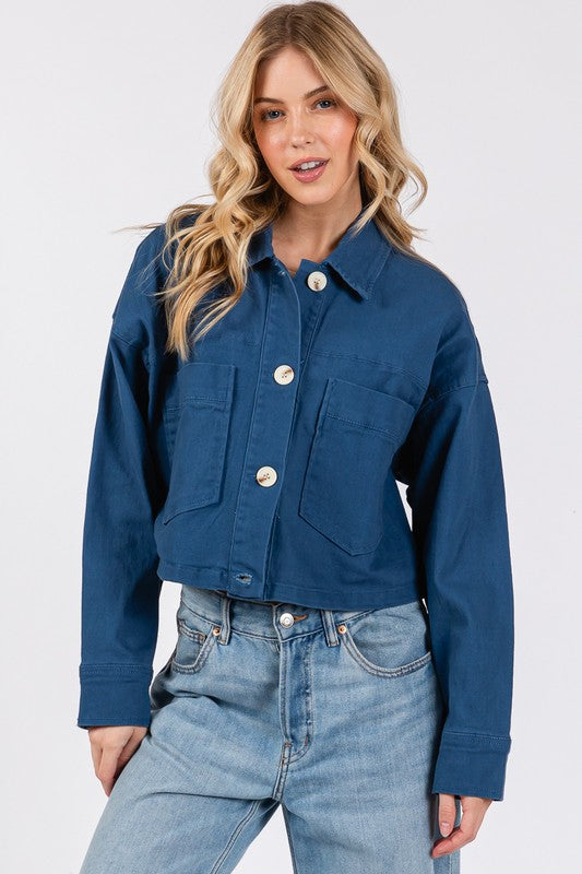 Peacock Blue Cropped Denim Jacket