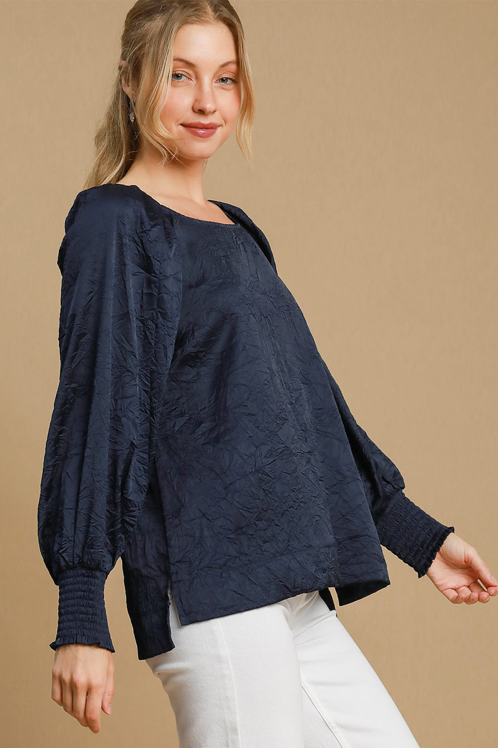 Navy Wrinkled Lantern Sleeve Blouse