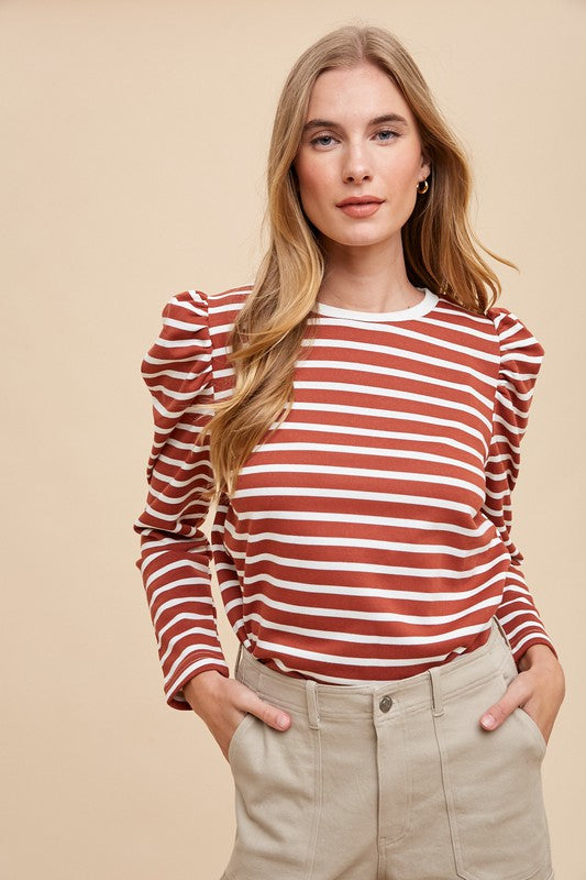 Rust Striped Round Neck Puff Sleeve French Terry Top