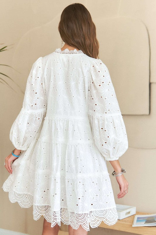 Lace Detail Tiered Eyelet Babydoll Dress