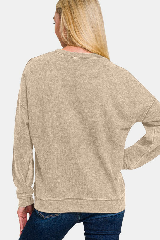 Washed Round Neck Dropped Shoulder Sweatshirt