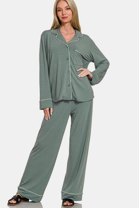 Sage Button Down Long Sleeve Top and Pants Lounge Set