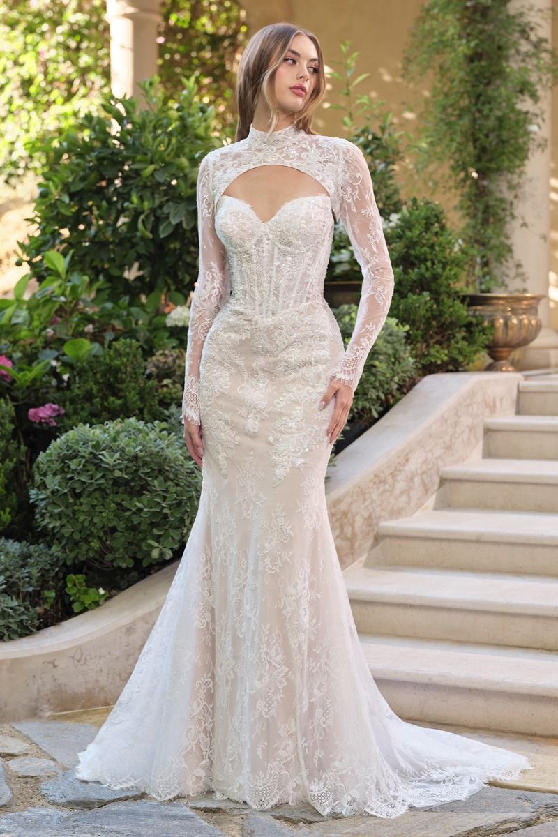 WL063 by Ladivine. Crafted for the romantic bride, this A-line wedding gown features a plunging illusion neckline and delicate floral straps that frame the structured corset bodice. Embellished with dimensional floral appliqué, the gown flows into a layered tulle skirt that offers graceful movement and a soft sweep train. A thigh-high slit adds a modern touch of allure to this dreamy bridal look.
