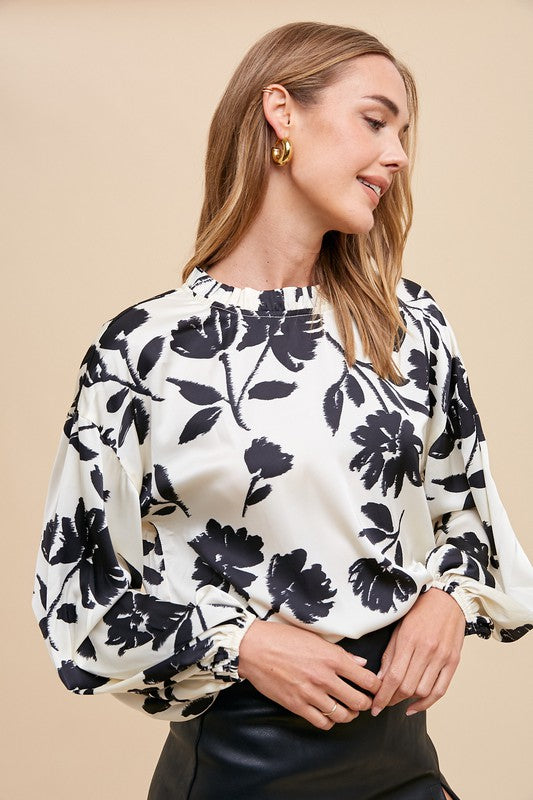 Frill Printed Balloon Sleeve Blouse