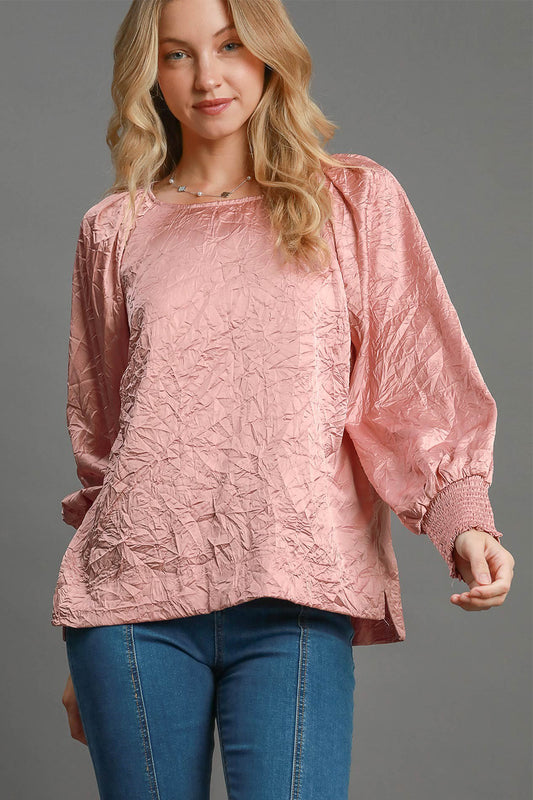 Blush Pink Wrinkled Lantern Sleeve Blouse