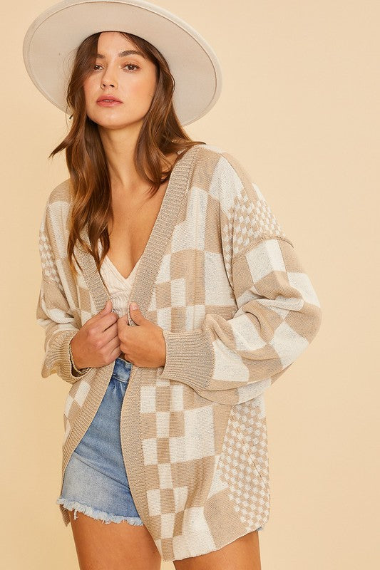 Tan Checkered Open Front Cardigan