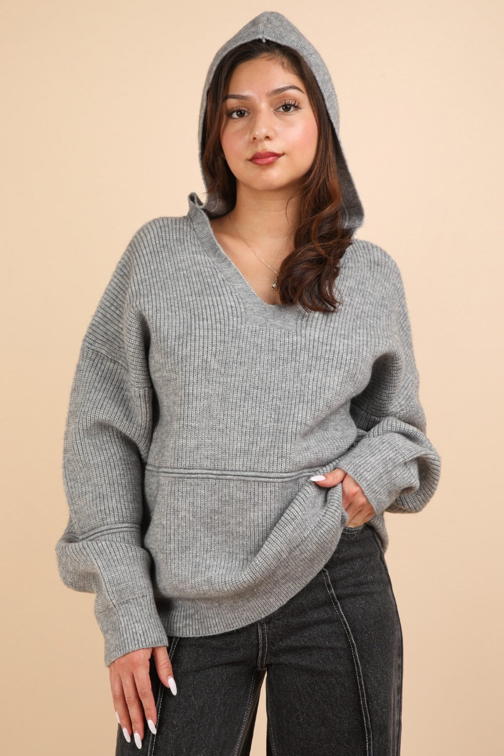 Grey Seam Detail Drop Shoulder Hooded Sweater