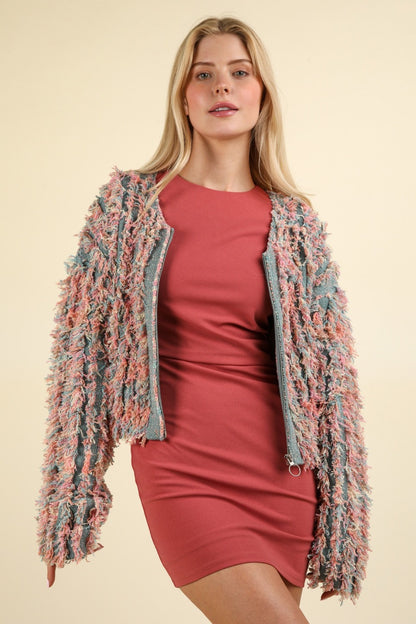 Multicolored Shaggy Yarn Knit Zip Up Jacket