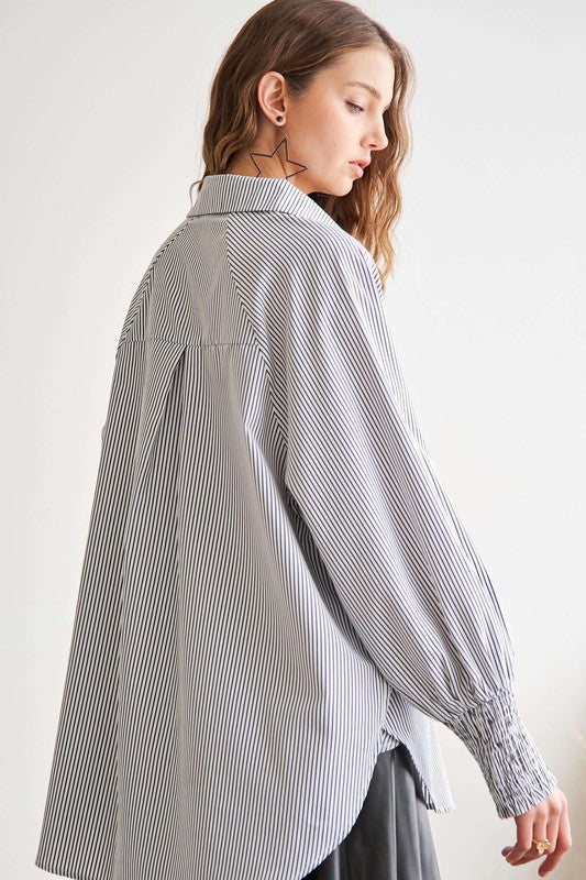 High-Low Striped Button Down Smocked Lantern Sleeve Shirt