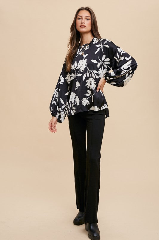 Frill Printed Balloon Sleeve Blouse