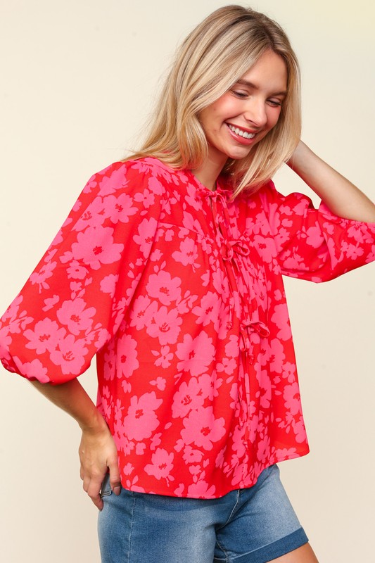 Ribbon Bow Floral Balloon Sleeve Blouse