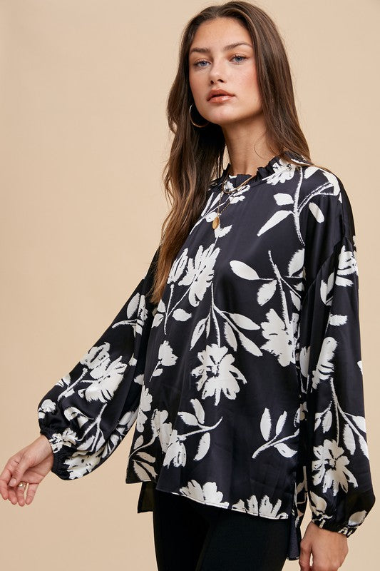 Frill Printed Balloon Sleeve Blouse