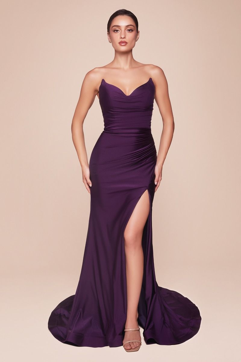 eggplant homecoming dress Andrea and Leo A1416 Sheer Midriff Lace-Up V-Neck Dress