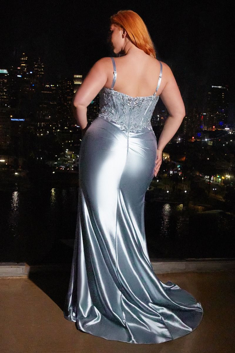 Celebrate your curves in this stunning fitted stretch satin gown, designed to embrace and enhance your natural beauty. The lace applique boned bodice is a work of art, providing both support and intricate detailing that flatters your silhouette. Delicate straps add a touch of elegance, while the satin asymmetrical sash cinches at the waist, accentuating your curves with grace and style. The fitted stretch satin ensures a comfortable and confident fit, allowing you to move with ease. 