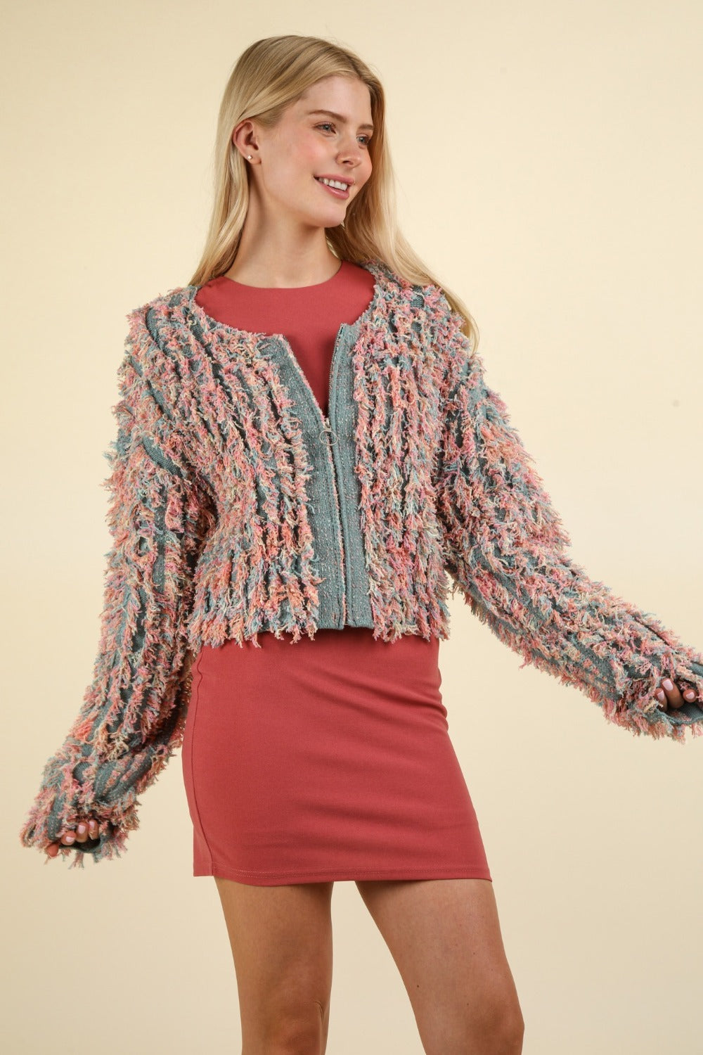 Multicolored Shaggy Yarn Knit Zip Up Jacket