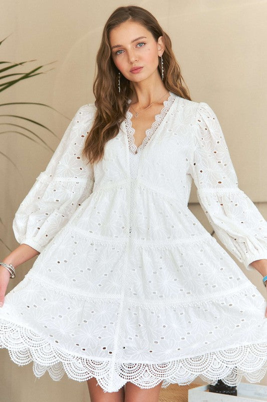 Lace Detail Tiered Eyelet Babydoll Dress