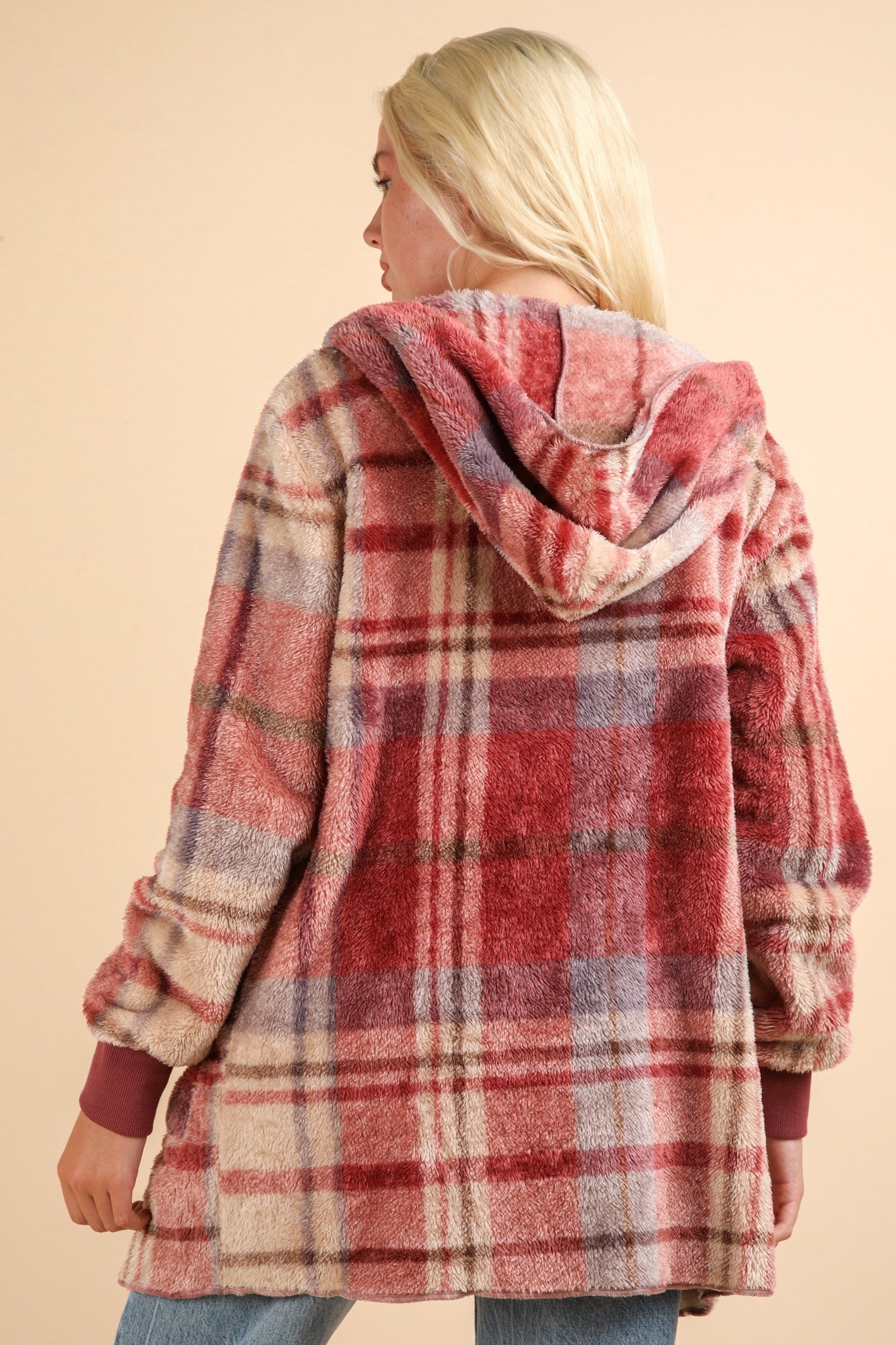 Fuzzy Plaid Hooded Jacket