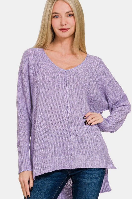 High-Low Center Seam V-Neck Sweater